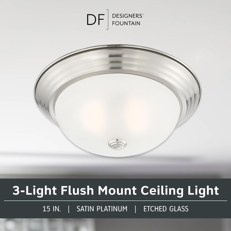 DESIGNERS FOUNTAIN Reedley 3-Lights Flush Mount Ceiling Light, 15 Inch Lighting Fixture for Kitchen, Bedroom, Bathroom, and Hallway, Satin Platinum with Etched Glass, 1257L-SP-W - Image 2